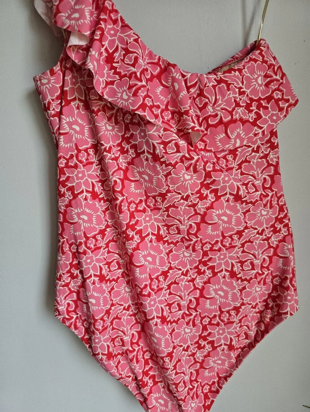 J. Crew NEW One Shoulder Ruffle One Piece Pink Red Floral Swimsuit SZ Large Chic